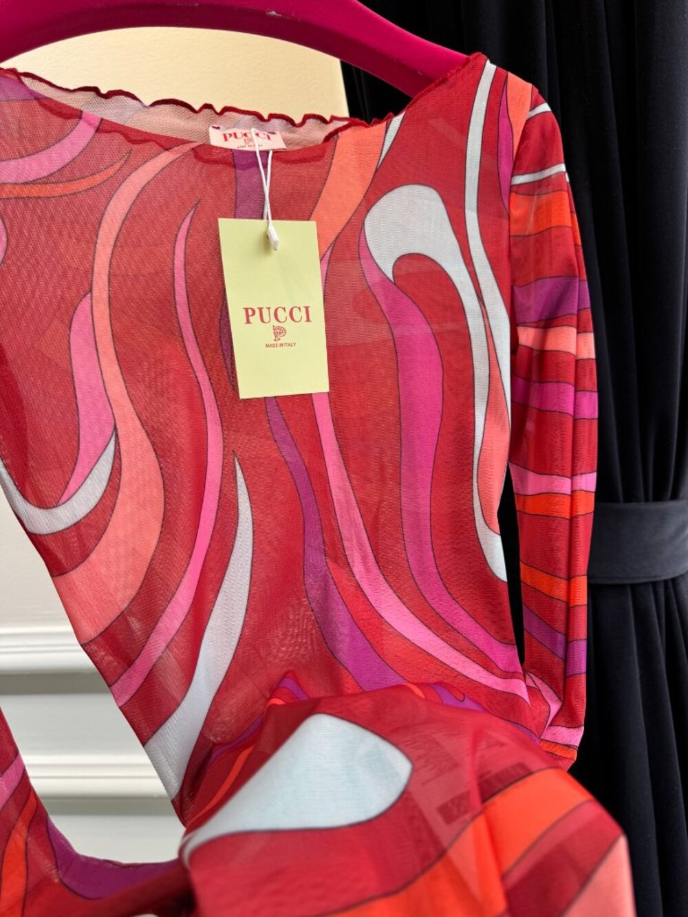 🍓Emilio Pucci Retro Wave Pattern Mesh Top Scalloped Neck & Hem Long Sleeve Shir - Picture 2 of 6